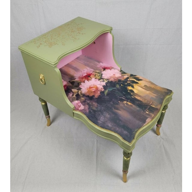 Traditional Whimsical Cottage Revival Artichoke Green & Peony Tiered Side Table For Sale - Image 3 of 12