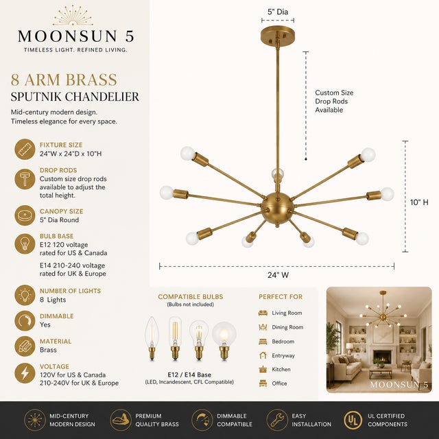 Contemporary Modern Brass Chandelier With 8 Arms, Contemporary Lighting Fixture, Ceiling Light, Living Room or Dining Room Decor, Stylish and Elegant For Sale - Image 3 of 16