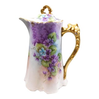 1940s Purple Floral Chocolate Pot With Ornate Gold Handle For Sale