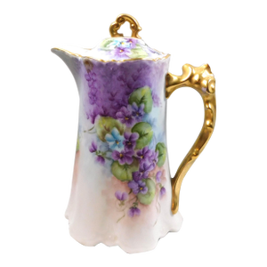 1940s Purple Floral Chocolate Pot With Ornate Gold Handle