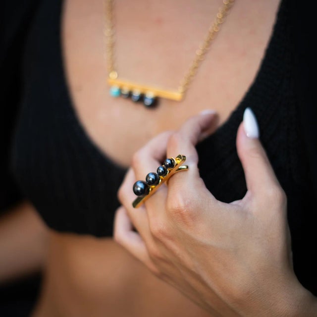 Metal Celestial Balance Black Pearl Statement Ring, Size 6 For Sale - Image 7 of 12