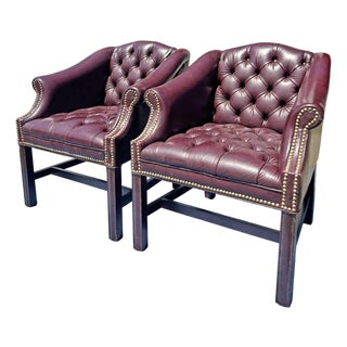 Vintage Tufted Chesterfield Style Pair Chairs With Brass Rivets For Sale