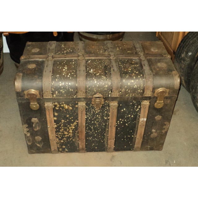 Shabby Chic Antique Large Metal & Wood Steamer Trunk For Sale - Image 3 of 12