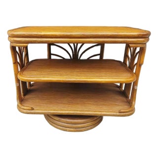 Vintage Mid Century Modern Rattan 3 Tier Revolving Table / Tv Stand 3 Pencil Reed Rattan Shelves. For Sale