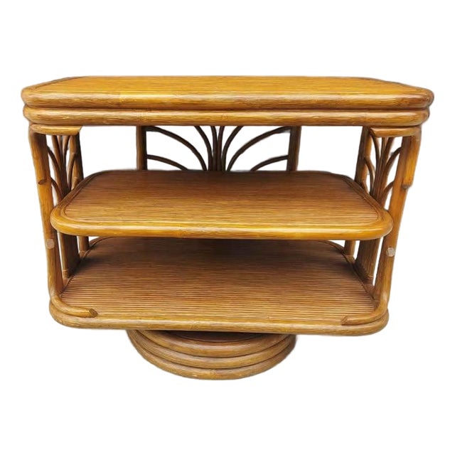 Vintage Mid Century Modern Rattan 3 Tier Revolving Table / Tv Stand 3 Pencil Reed Rattan Shelves. For Sale