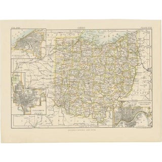 Antique Map of Ohio with Inset Maps of Cleveland and Columbus and Cincinnati, 1884 For Sale