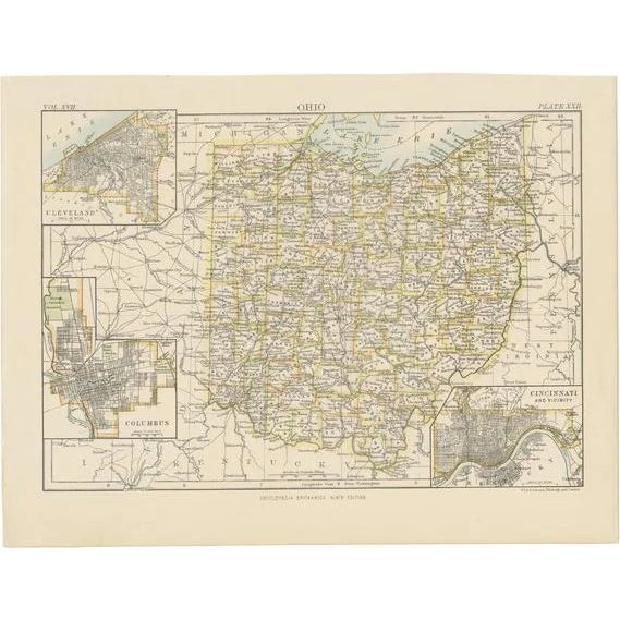 Antique Map of Ohio with Inset Maps of Cleveland and Columbus and Cincinnati, 1884 For Sale