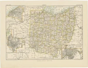 Antique Map of Ohio with Inset Maps of Cleveland and Columbus and Cincinnati, 1884