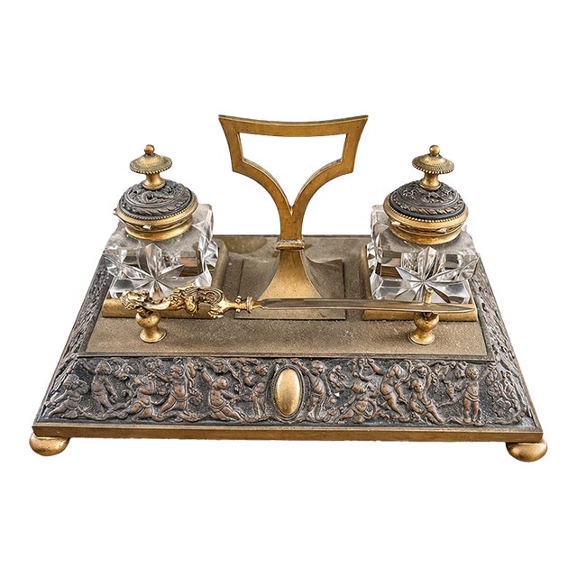 Monumental Antique French Neoclassical Solid Brass & Crystal Double Inkwell Desk Set | Figural Relief | Museum Style For Sale