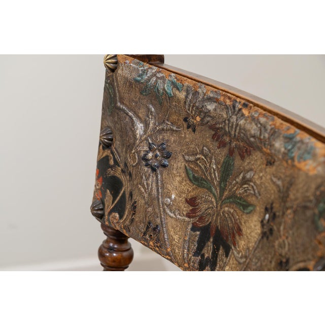 Brown Small Antique 19th Century Walnut Dais Chair with Embossed Leather Upholstery, Spain For Sale - Image 8 of 13