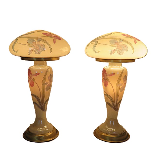 Mid 20th Century Art Deco Stye Mushroom Table Lamps With Irises - a Pair For Sale - Image 4 of 7