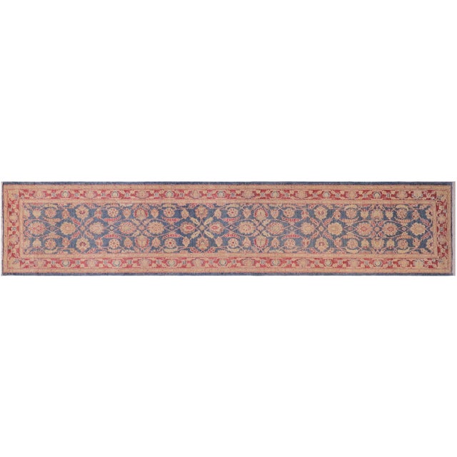 Blue Shabby Chic Ziegler Blue/Red Wool Runner Rug- 3'1'' X 14'5'' For Sale - Image 8 of 10