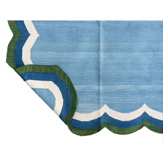 Casa Cosima Not Yet Made - Made To Order Handmade Cotton Vegetable Dyed Scalloped Edge Rug Sky Blue With Forest Green Border - 10'x14' For Sale - Image 4 of 11