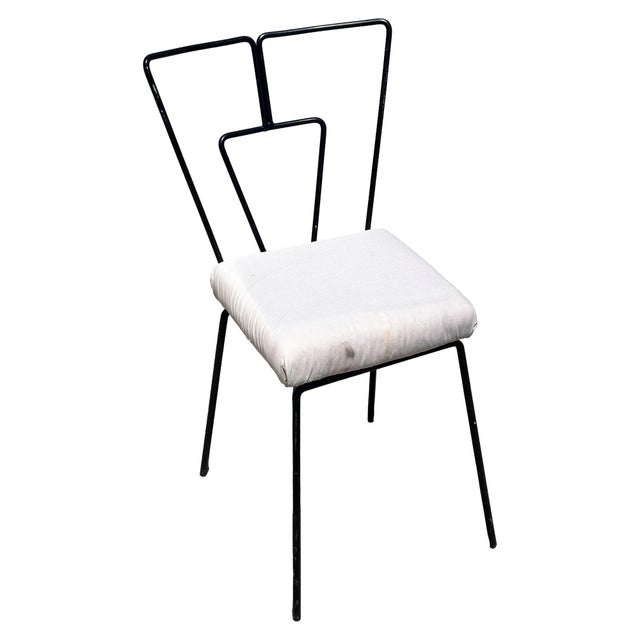 Mid-Century Pair of Iron Wire Art Side Dining Geometric Chair with white seat by Homecrest. Each side chair features a...