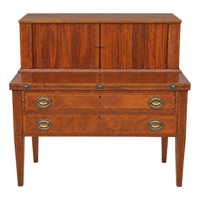 Vintage Federal-Style Tambour Writing Desk With Inlaid Details For Sale
