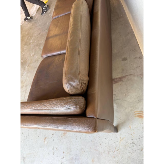 1960s Vintage Danish Brown Leather Sofa in Style of Stouby | Mid-Century Modern 3-Seat Couch For Sale - Image 5 of 10