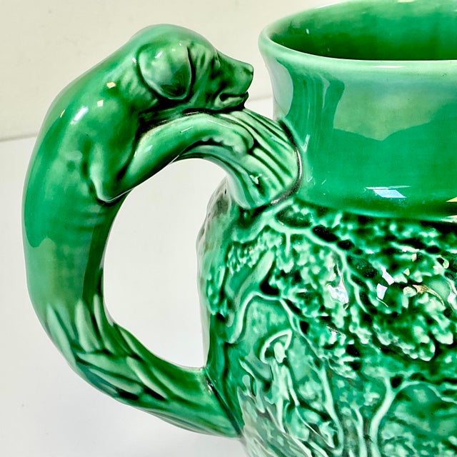1930s Vintage Boho Chic English Rustic European Wedgwood Majolica Hunting Motif Pitcher For Sale - Image 14 of 16