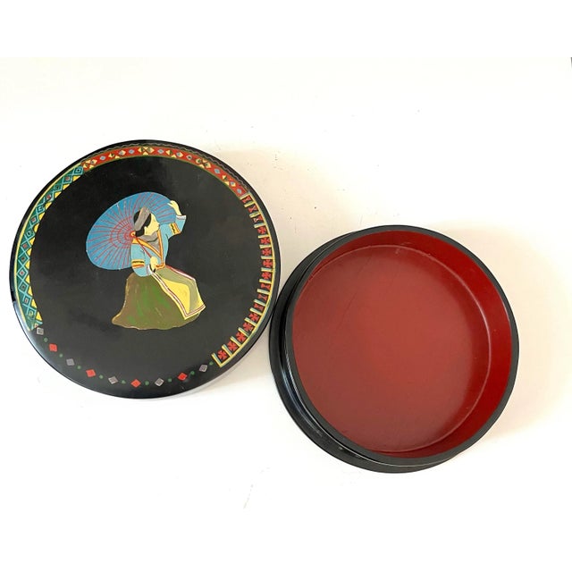 Beautiful 8” large vintage black lacquer wooden box with hand painted decoration of a woman holding an umbrella Classic...