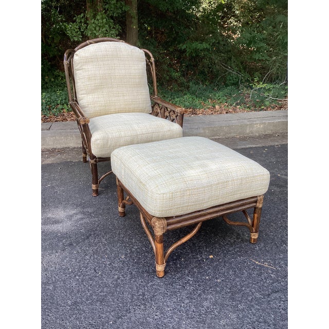Traditional Vintage McGuire Rattan Lounge Chair and Ottoman With New Upholstery For Sale - Image 3 of 11