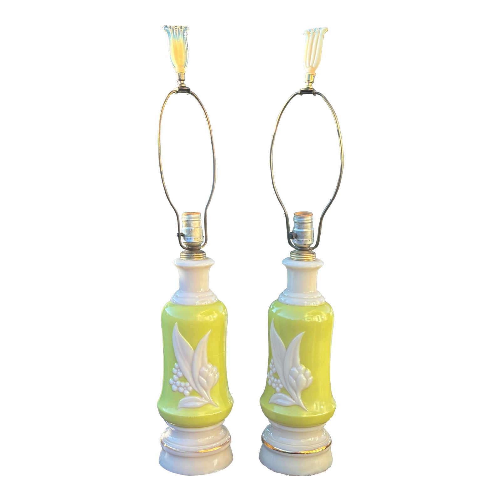 1930s Cream and Green Aladdin Alacite Uranium Glass Lamps With