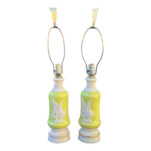 1930s Cream and Green Aladdin Alacite Uranium Glass Lamps With Alacite Finials-a Pair. They Glow!