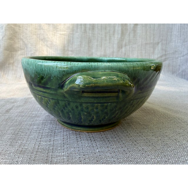 1940s Vintage Green Glazed Ceramic Pottery Bowl With Side Handles For Sale - Image 5 of 12