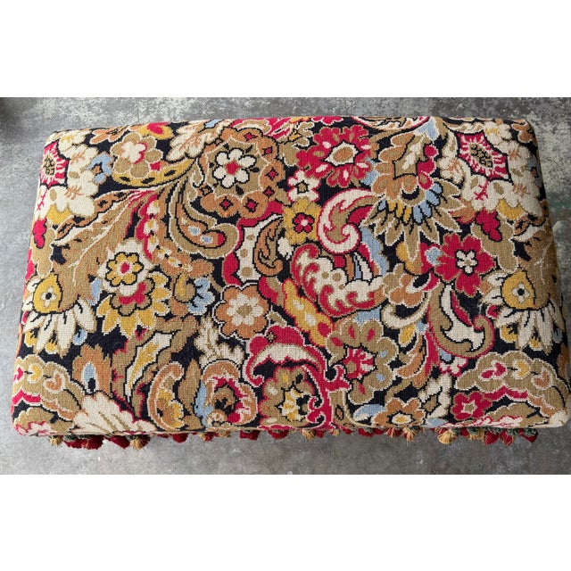 Vintage English Jacobean Style Walnut Needlepoint Upholstered Bench With Scalamandré Tassel Fringe For Sale - Image 4 of 7