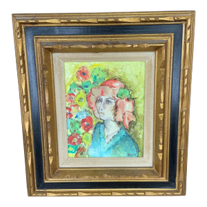 Late 20th Century Oil Painting Woman With Red Hat