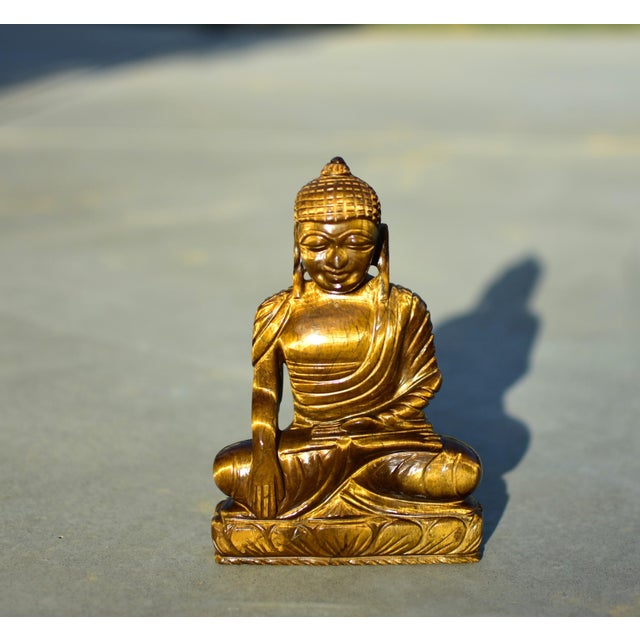 Natural Tiger's Eye Gemstone Buddha Statue For Sale - Image 4 of 14
