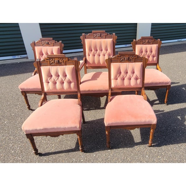 Fine Set 5 Victorian Parlor Chairs in a Blush Tone Upholstery For Sale - Image 11 of 12