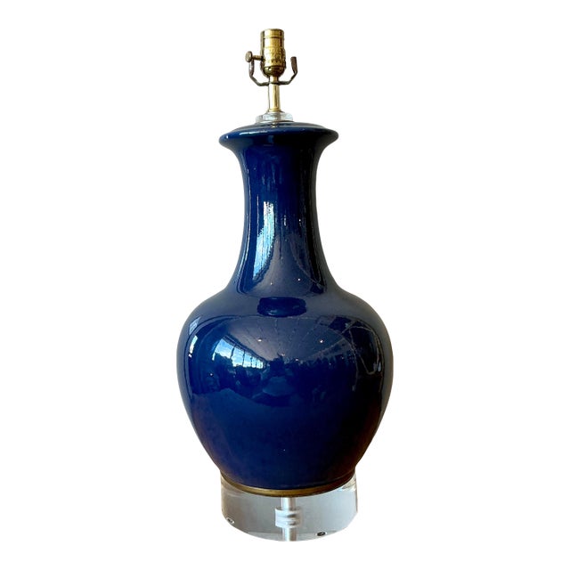 Vintage Regency Glazed Ceramic Bottle Lamp on Lucite Plinth For Sale