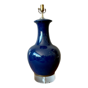Vintage Regency Glazed Ceramic Bottle Lamp on Lucite Plinth
