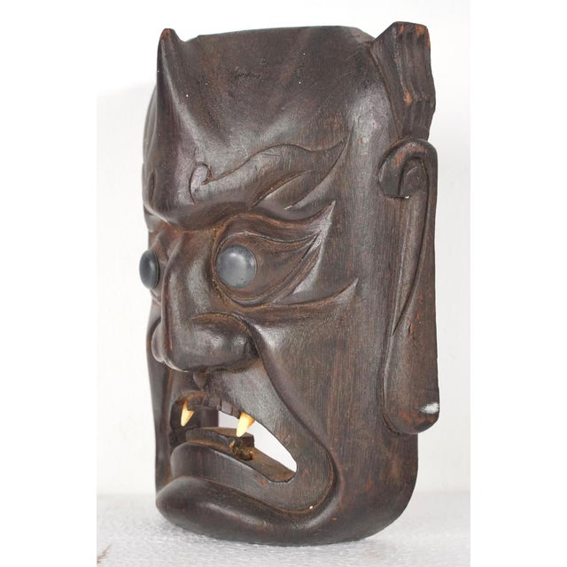 Brown Pair of Vintage Japanese Hand Carved Wooden Masks For Sale - Image 8 of 11