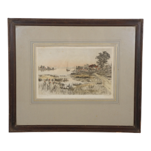 Early 20th Century Antique H. Falser Fishermans Haven Seascape Landscape Harbor Etching 23"