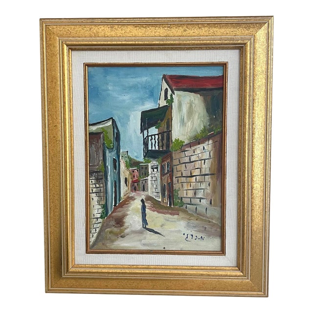 Mid 20th Century Vintage Village Landscape Oil Painting For Sale