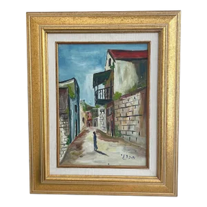 Mid 20th Century Vintage Village Landscape Oil Painting