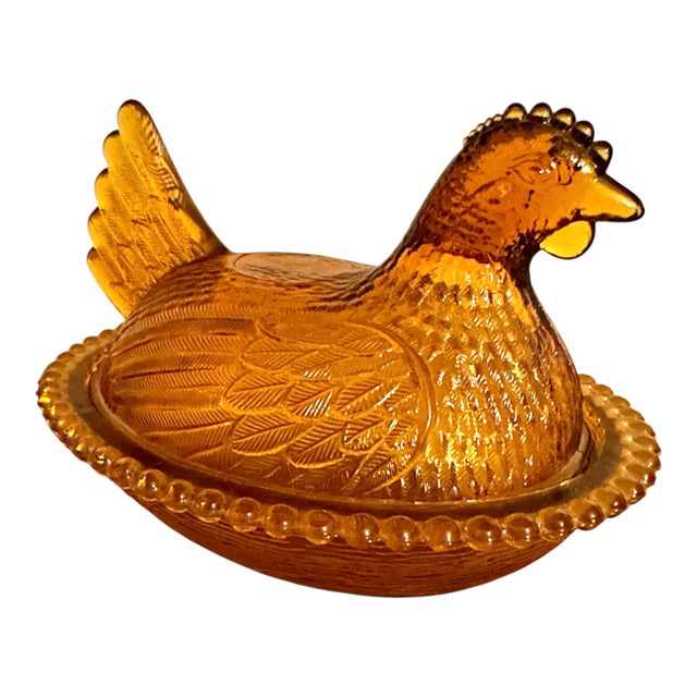 Vintage Indiana Glass Amber Gold Hen on a Nest Covered Dish For Sale