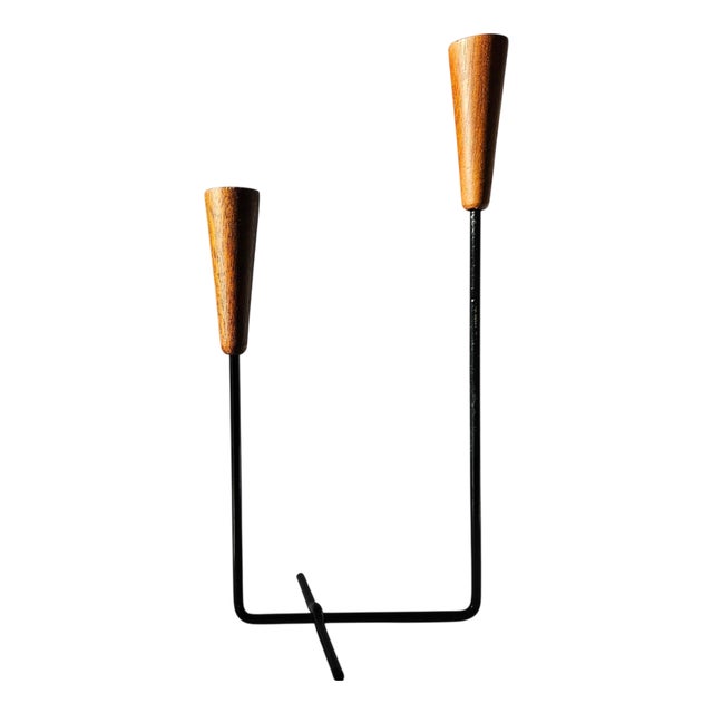 Mid-Century Teak and Metal Candleholder, 1960s For Sale