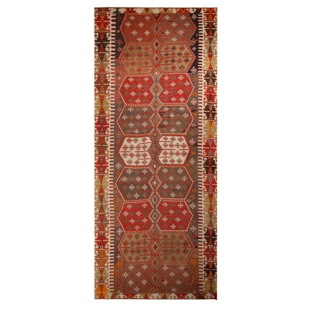 Vintage Mid-Century Konya Red and Green Wool Kilim Rug - Rich and Bright Accents For Sale