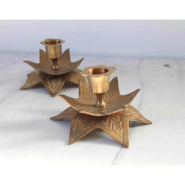 Mid 20th Century Pair of Vintage Brass Holly Leaf Taper Candle Holders For Sale - Image 5 of 8