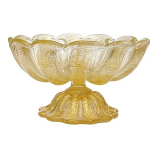 Murano Barovier Toso Vintage Large Gold Flecks Italian Art Glass Ruffled Footed Centerpiece Bowl For Sale