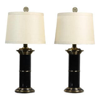 Late 20th Century Hollywood Regency Black & Brass Plated Column Table Lamps With Asian Finials a Pair For Sale