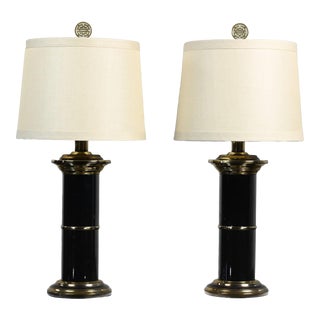 Late 20th Century Hollywood Regency Black & Brass Plated Column Table Lamps With Asian Finials a Pair For Sale