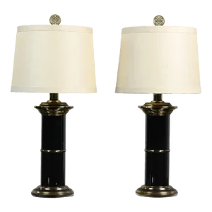 Late 20th Century Hollywood Regency Black & Brass Plated Column Table Lamps With Asian Finials a Pair