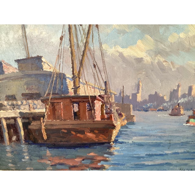 Blue Impressionist Oil Painting on Board of City Harbor Scene in Original Frame For Sale - Image 8 of 9