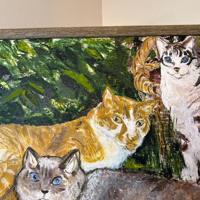 Wood Vintage 1970s Acrylic Cat Painting ~ Framed and Signed Jjay For Sale - Image 7 of 12