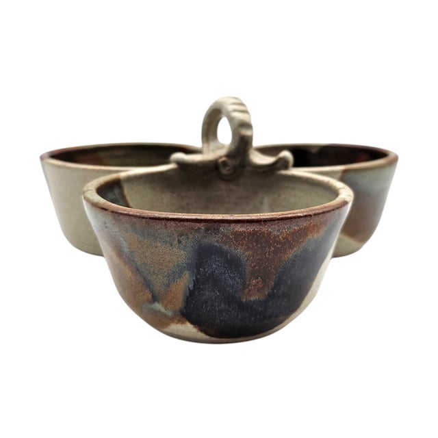 Brown Benitta Pauly California Studio Pottery Triple Condiment Server — Signed, 1991 For Sale - Image 8 of 11