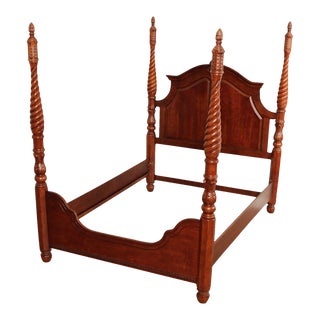 British Colonial Style Cherry Queen Size Carved Poster Bed For Sale