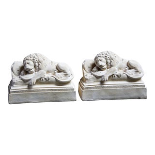 Sleeping Lion Monument Statuary Statues - Set of 2 For Sale