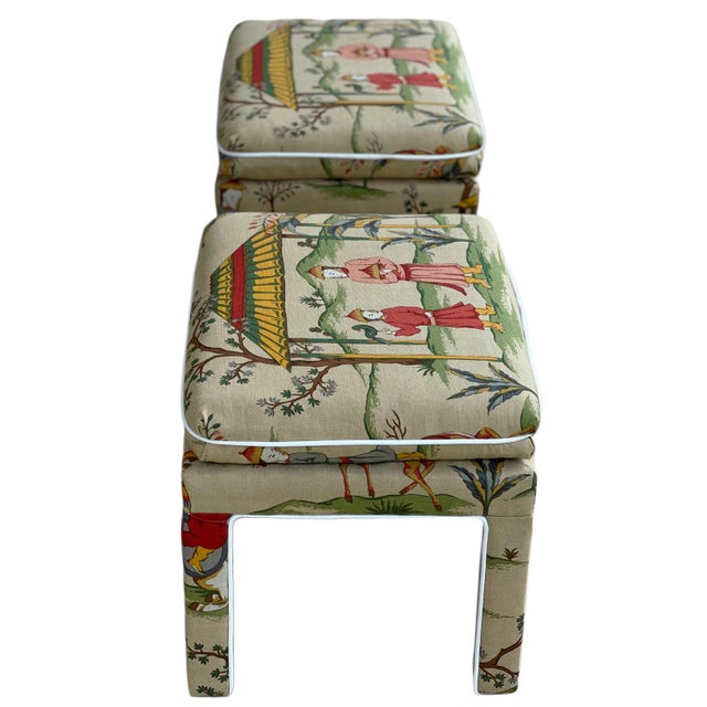 1980s Pair Chinoiserie Parsons Benches in Thibaut “Ting Yuan” For Sale - Image 10 of 17